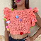 Πλεκτό χειροποίητο σομόν top με pom pom