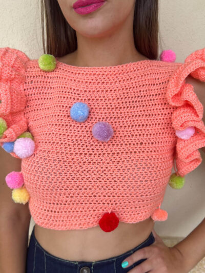 Πλεκτό χειροποίητο σομόν top με pom pom