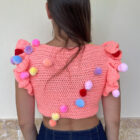 Πλεκτό χειροποίητο σομόν top με pom pom