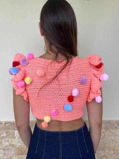 Πλεκτό χειροποίητο σομόν top με pom pom