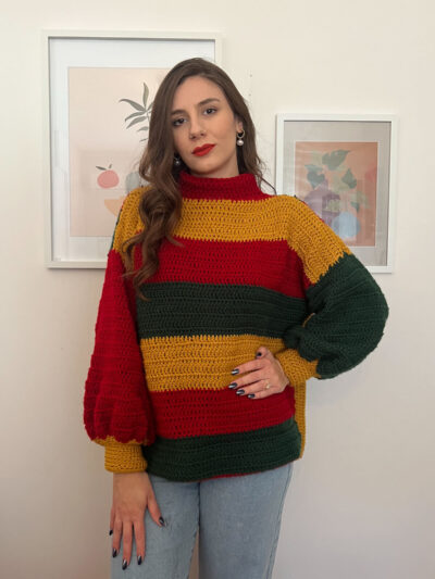 Τρίχρωμο oversized χειροποίητο πλεκτό πουλόβερ χριστουγεννιάτικο