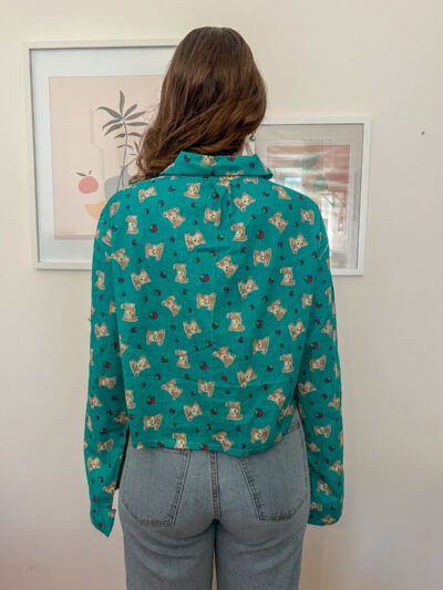 Χειροποίητο πράσινο crop πουκάμισο με αρκουδάκια και μανίκια καμπάνα